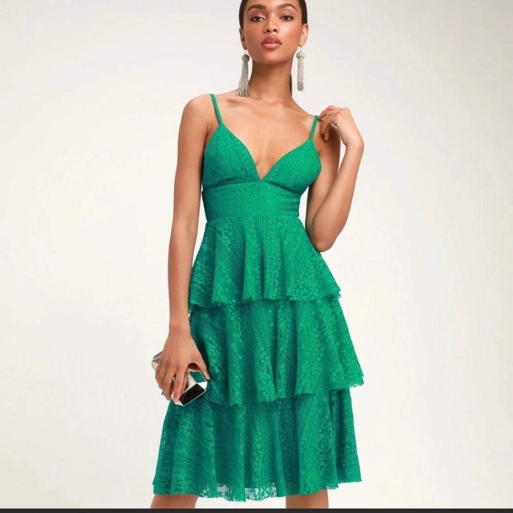 Lulus Endless Romance Green Lace Tier Dress